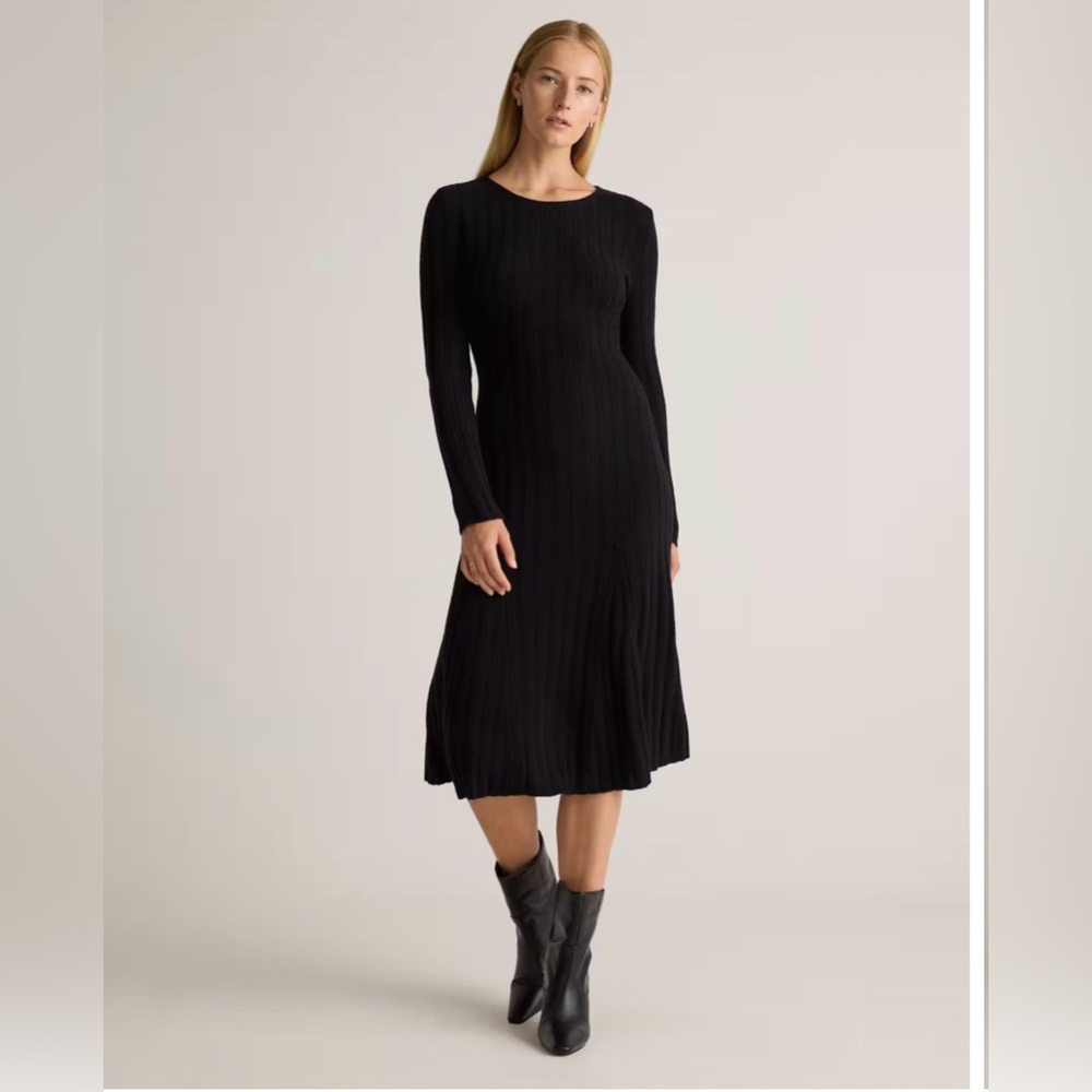 Quince Mongolian Cashmere Wide Rib Midi Dress NWT Black Small Luxe Cozy Staple